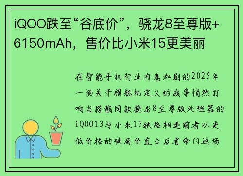 iQOO跌至“谷底价”，骁龙8至尊版+6150mAh，售价比小米15更美丽