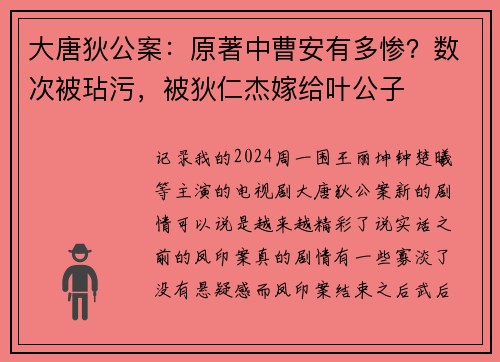 大唐狄公案：原著中曹安有多惨？数次被玷污，被狄仁杰嫁给叶公子