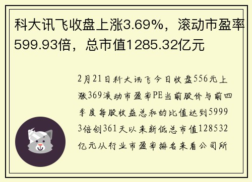 科大讯飞收盘上涨3.69%，滚动市盈率599.93倍，总市值1285.32亿元