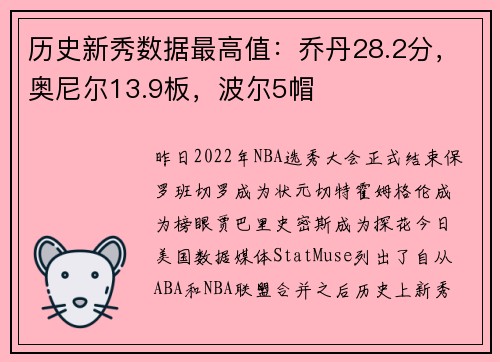 历史新秀数据最高值：乔丹28.2分，奥尼尔13.9板，波尔5帽