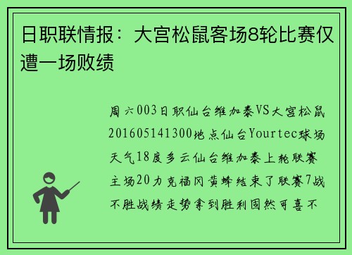 日职联情报：大宫松鼠客场8轮比赛仅遭一场败绩