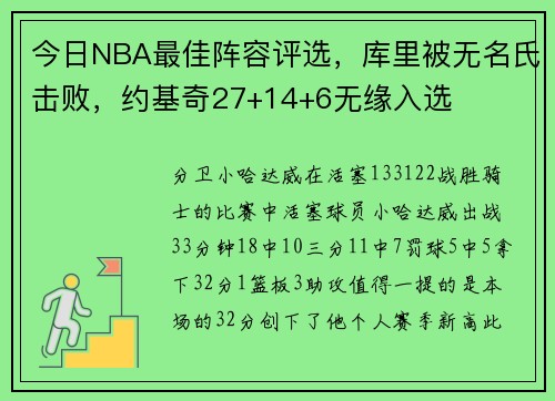 今日NBA最佳阵容评选，库里被无名氏击败，约基奇27+14+6无缘入选