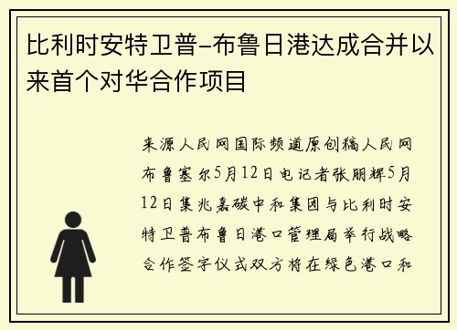 比利时安特卫普-布鲁日港达成合并以来首个对华合作项目